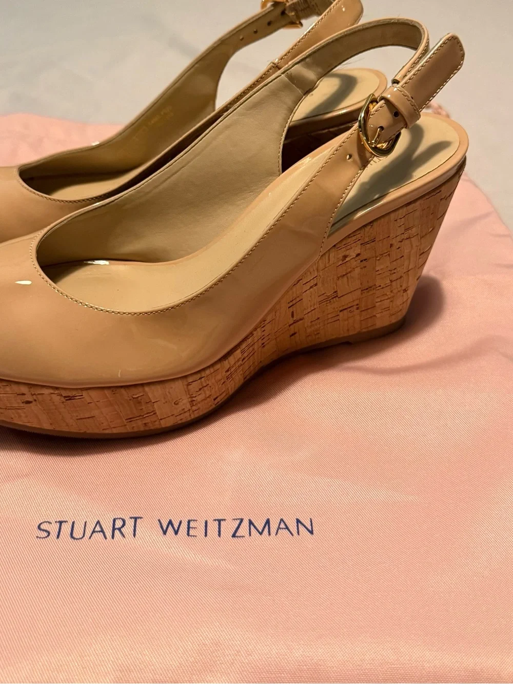 Stuart Weitzman Beige Patent Cork Wedge Slingbacks NIB Size 7.5 - Picture 6 of 9